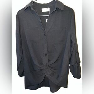Everleigh Top Sz XS Black Long Roll Tab Sleeve Knotted Blouse NWT